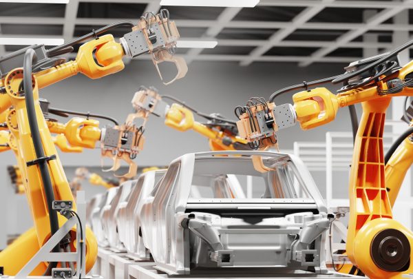 Automobile production line using robots to work in smart factories. 3d Illustration