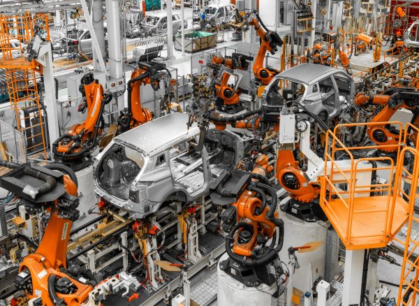 Automobile production line. Welding car body. Modern car assembly plant. Top view.