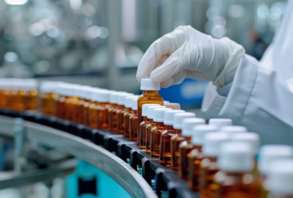 Pharmacist scientist with sanitary gloves examining medical vials on production line conveyor belt in pharmaceutical, healthcare factory manufacturing prescription drugs, medication mass production